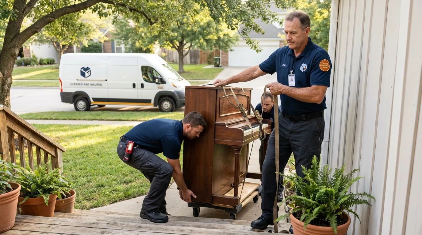Licensed piano movers securing grand piano in Coweta, OK