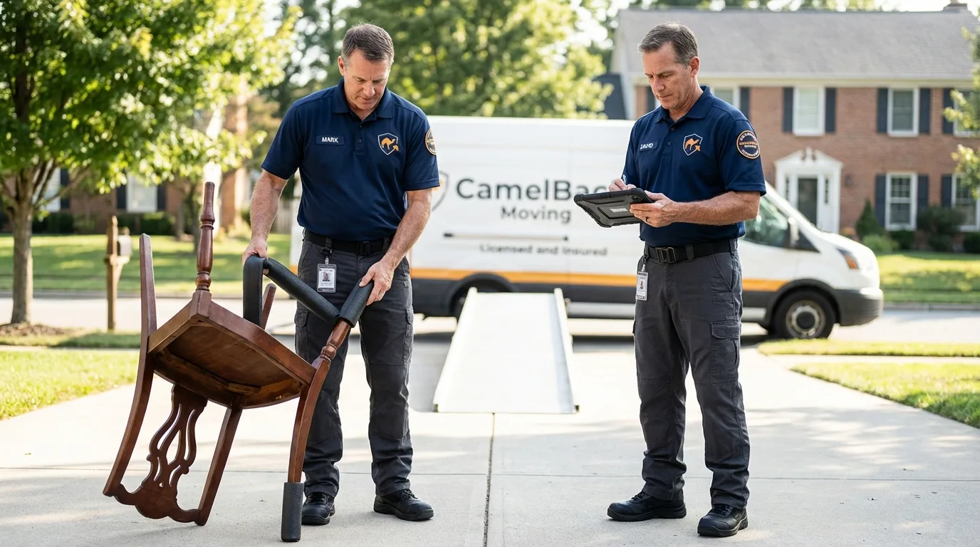 Movers inspecting furniture for damage prevention before loading in Coweta, OK