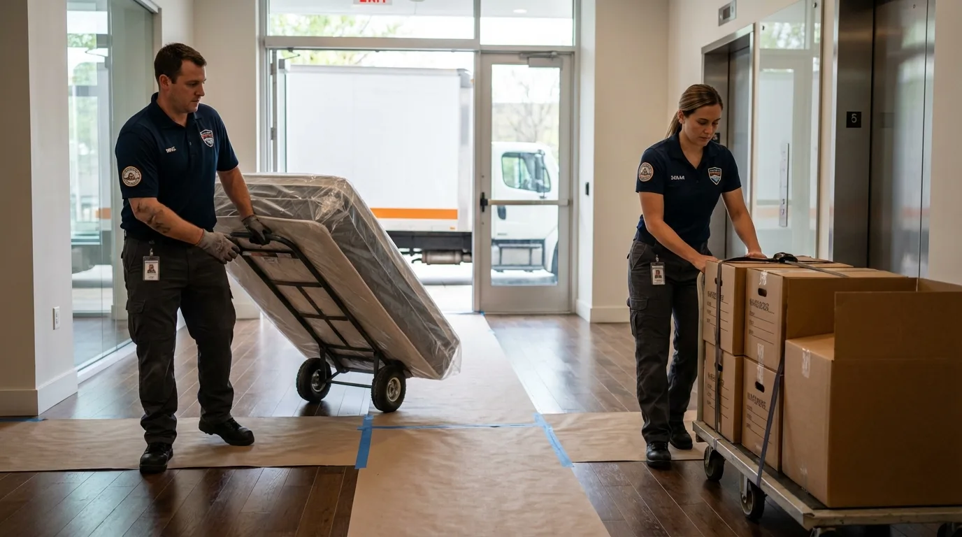 Professional apartment movers loading elevator in Coweta, OK