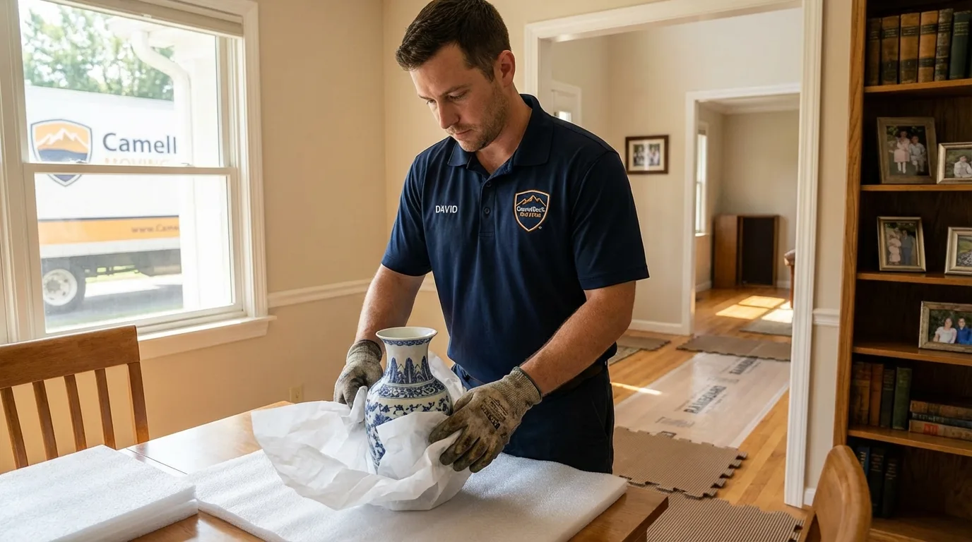Professional crew carefully wrapping antique vase for senior downsizing move in Coweta, OK